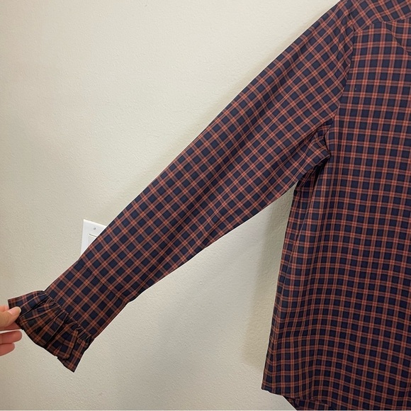 Tuckernuck‎ APOF Navy Plaid Ruffle High Neck Button Down Shirt Size XS - Picture 3 of 9